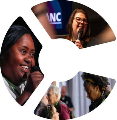 People speaking at an event, clipped into the shape of the letter C